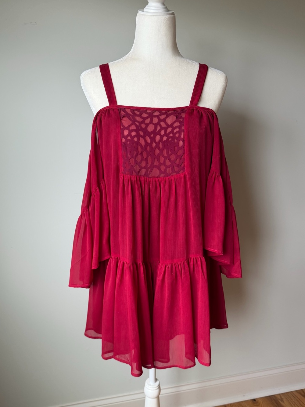 Flirty Off-Shoulder Chiffon Red Dress •S•